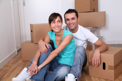 Office furniture and equipment being prepared for a business move
